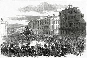 Den store procession af Wellington-statuen drejer ned ad Park Lane, offentliggjort i 